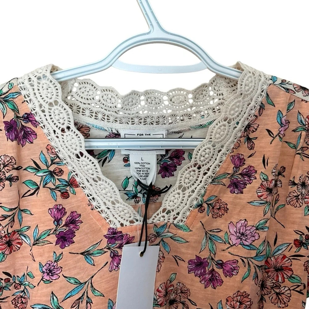 For The Republic High low Crochet Trim Orange Top Shirt Floral Boho Relax Large - Picture 2 of 6